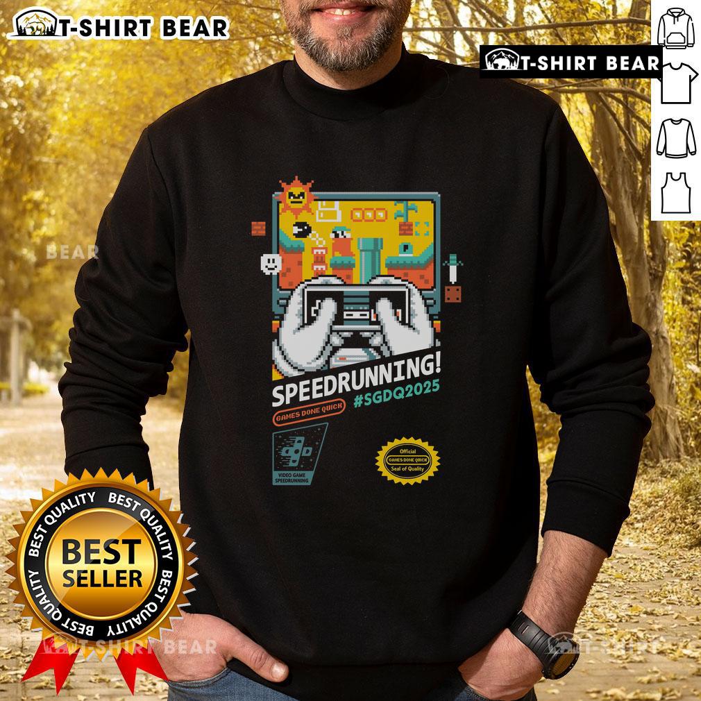 Official Mario SGDQ Speedrunning 2025 retro gamer sweatshirt featuring vibrant graphics and cozy design for gamers.