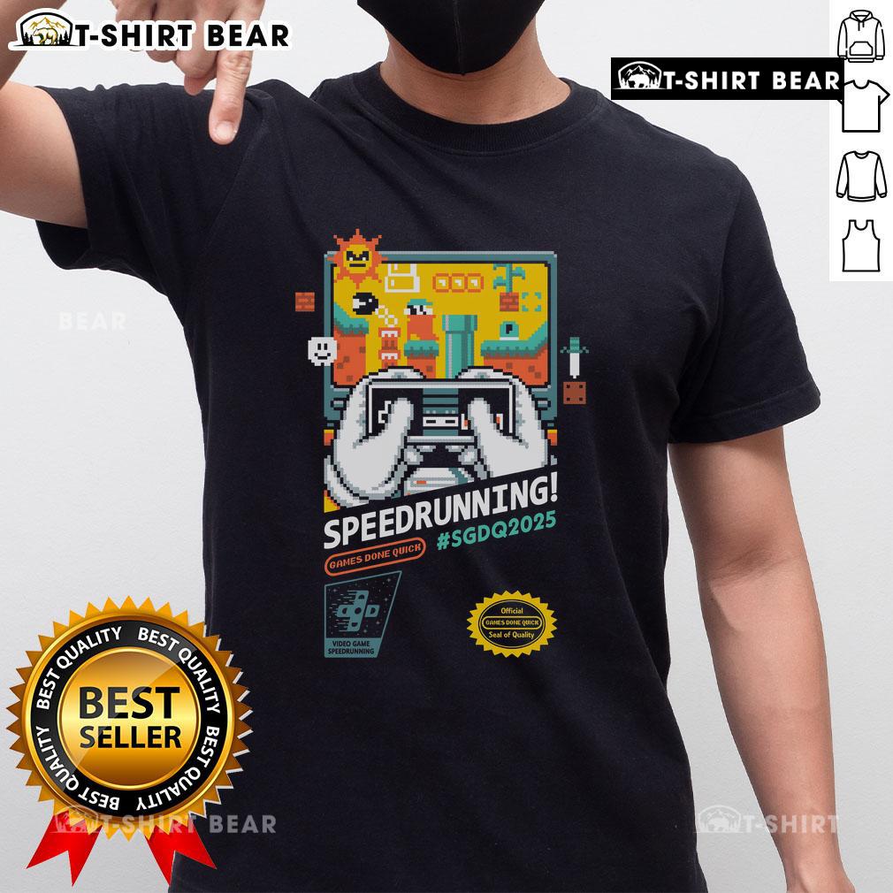 Official Mario SGDQ Speedrunning 2025 Retro Gamer T-Shirt featuring colorful graphics and a vintage design for gaming fans.