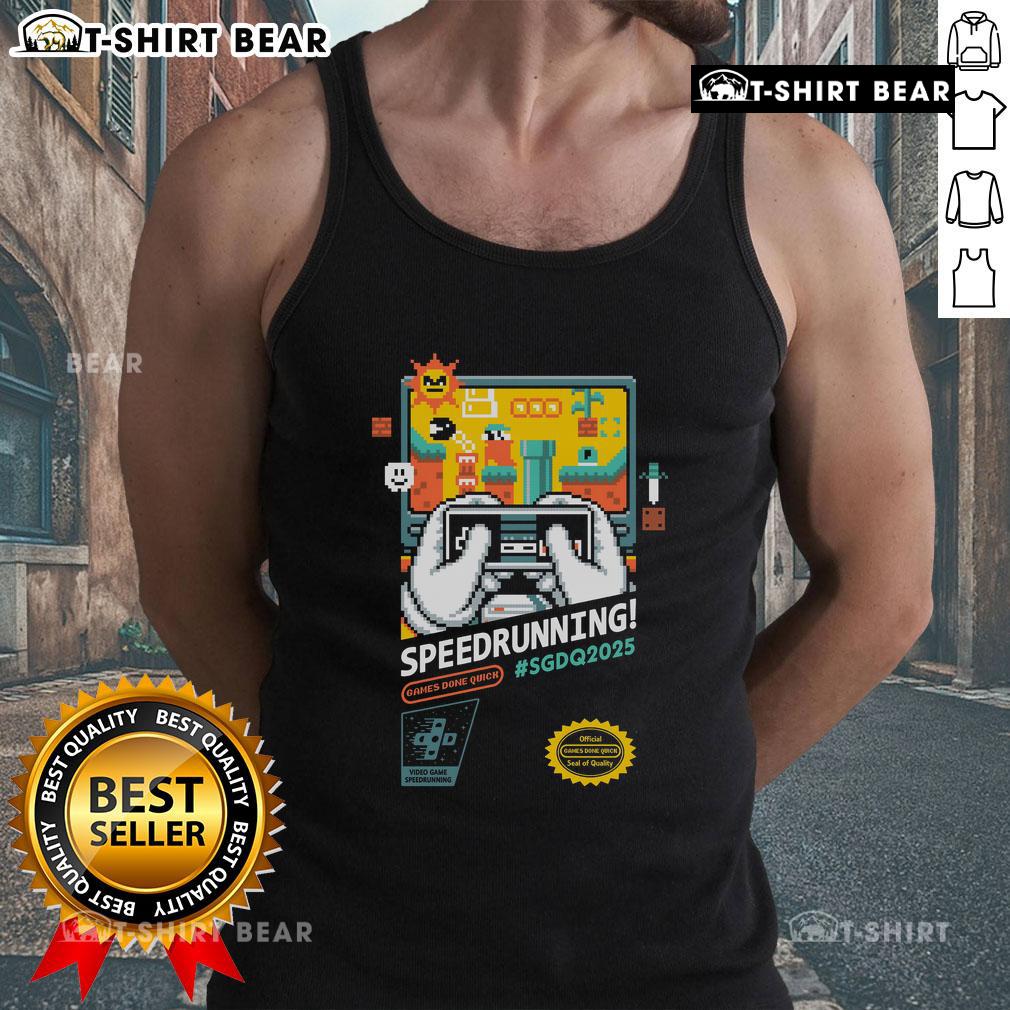 Official Mario SGDQ Speedrunning 2025 Retro Gamer Tank Top featuring vibrant graphics and a stylish design for gamers.