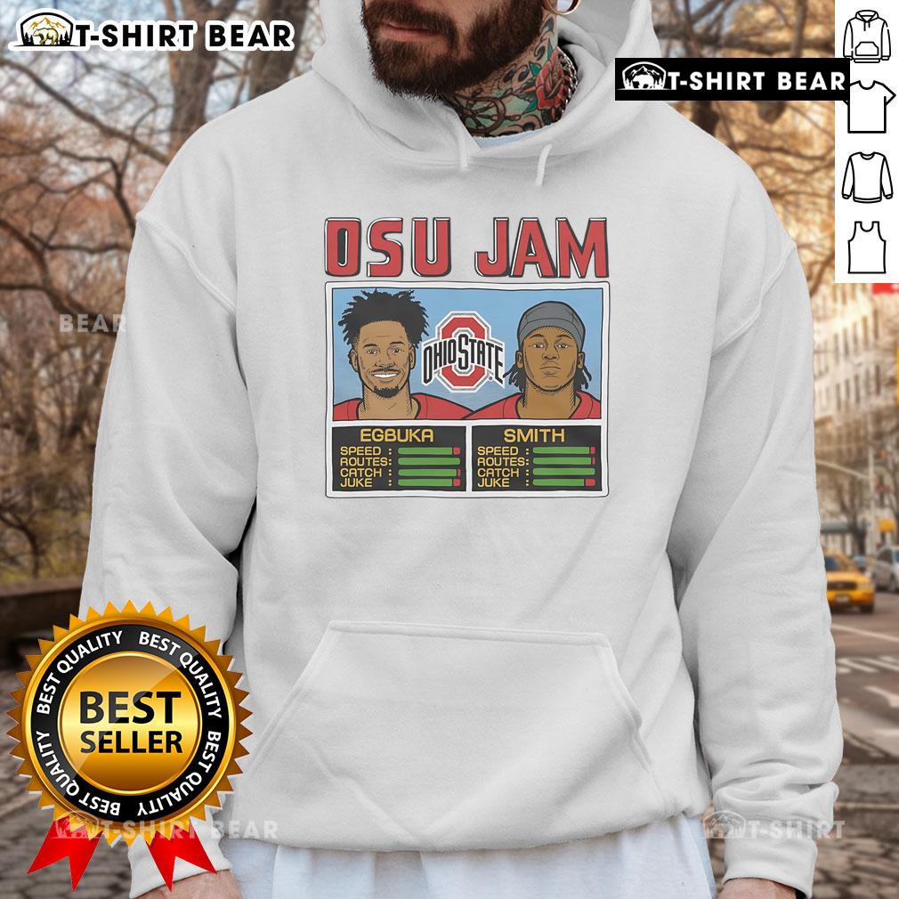 Official OSU Jam Egbuka and Smith hoodie featuring team colors and logo, perfect for Ohio State fans and athletes.