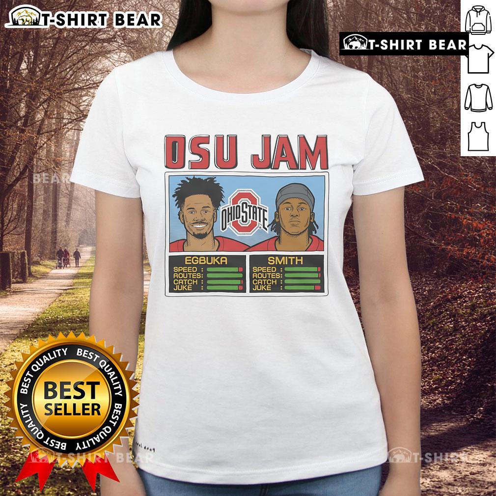 Official OSU Jam Egbuka and Smith ladies tee featuring vibrant design and team colors for Ohio State fans.