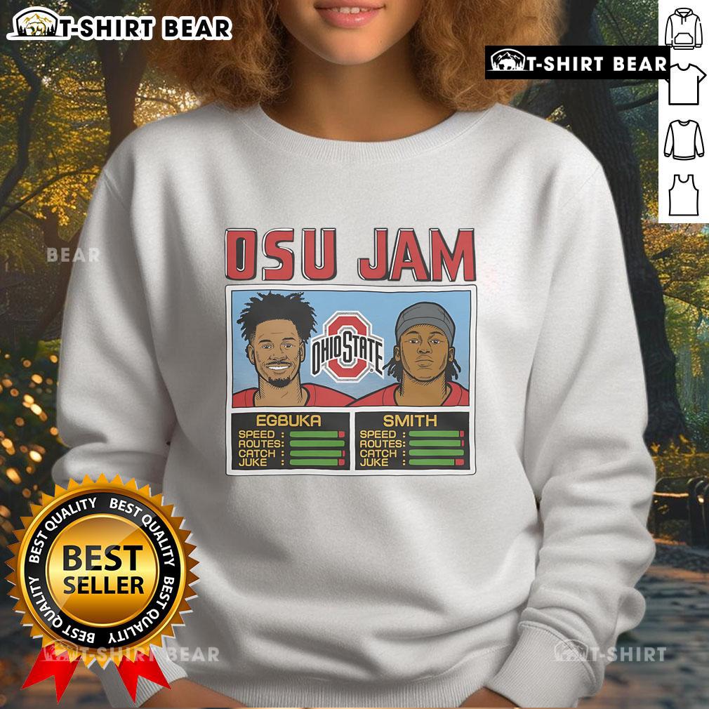 Official OSU Jam Egbuka and Smith sweatshirt featuring team colors and logo, perfect for Ohio State fans.