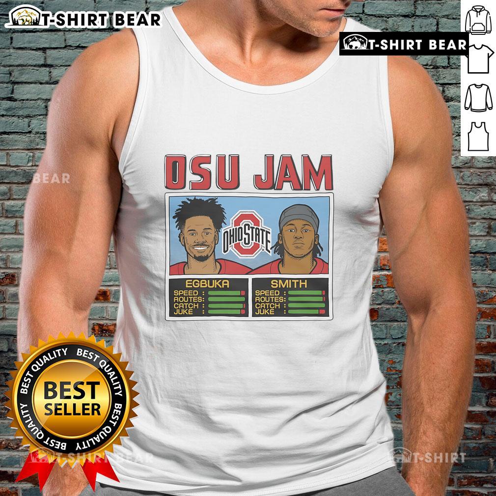 Alt Text: Official OSU Jam Egbuka and Smith tank top featuring team colors and logo, perfect for Ohio State fans.