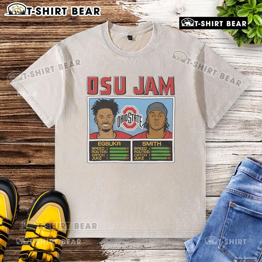 Official OSU Jam Egbuka and Smith washed t-shirt featuring Ohio State University logo and vibrant design for fans.