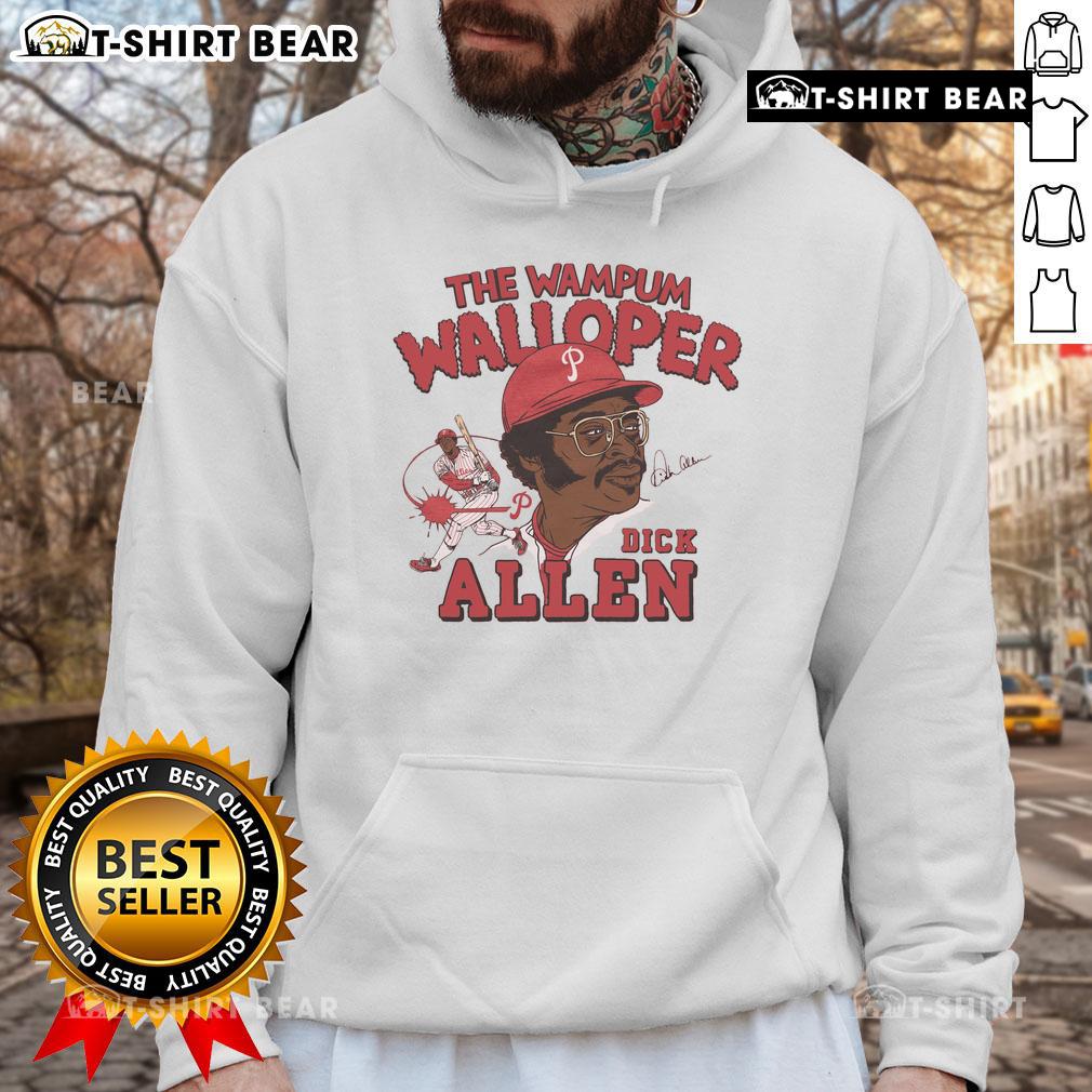 Official Phillies Dick Allen Signature hoodie featuring The Wampum Walloper design, perfect for baseball fans.