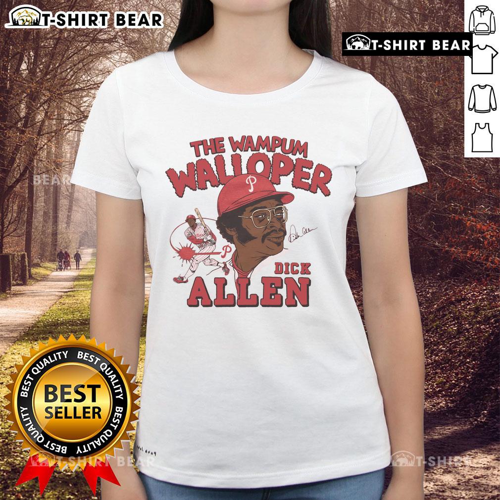 Alt Text: Official Phillies Dick Allen Signature tee featuring The Wampum Walloper design for ladies.
