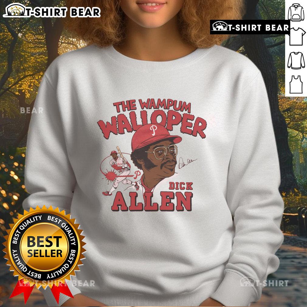 Alt Text: Official Phillies Dick Allen Signature sweatshirt featuring The Wampum Walloper design for fans and collectors.