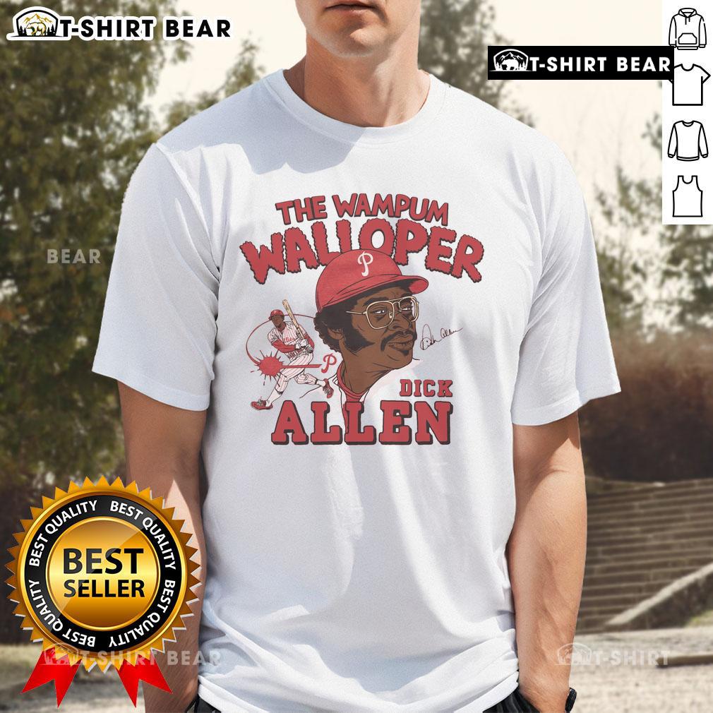 Alt Text: Official Phillies Dick Allen Signature T-Shirt featuring The Wampum Walloper design for fans and collectors.