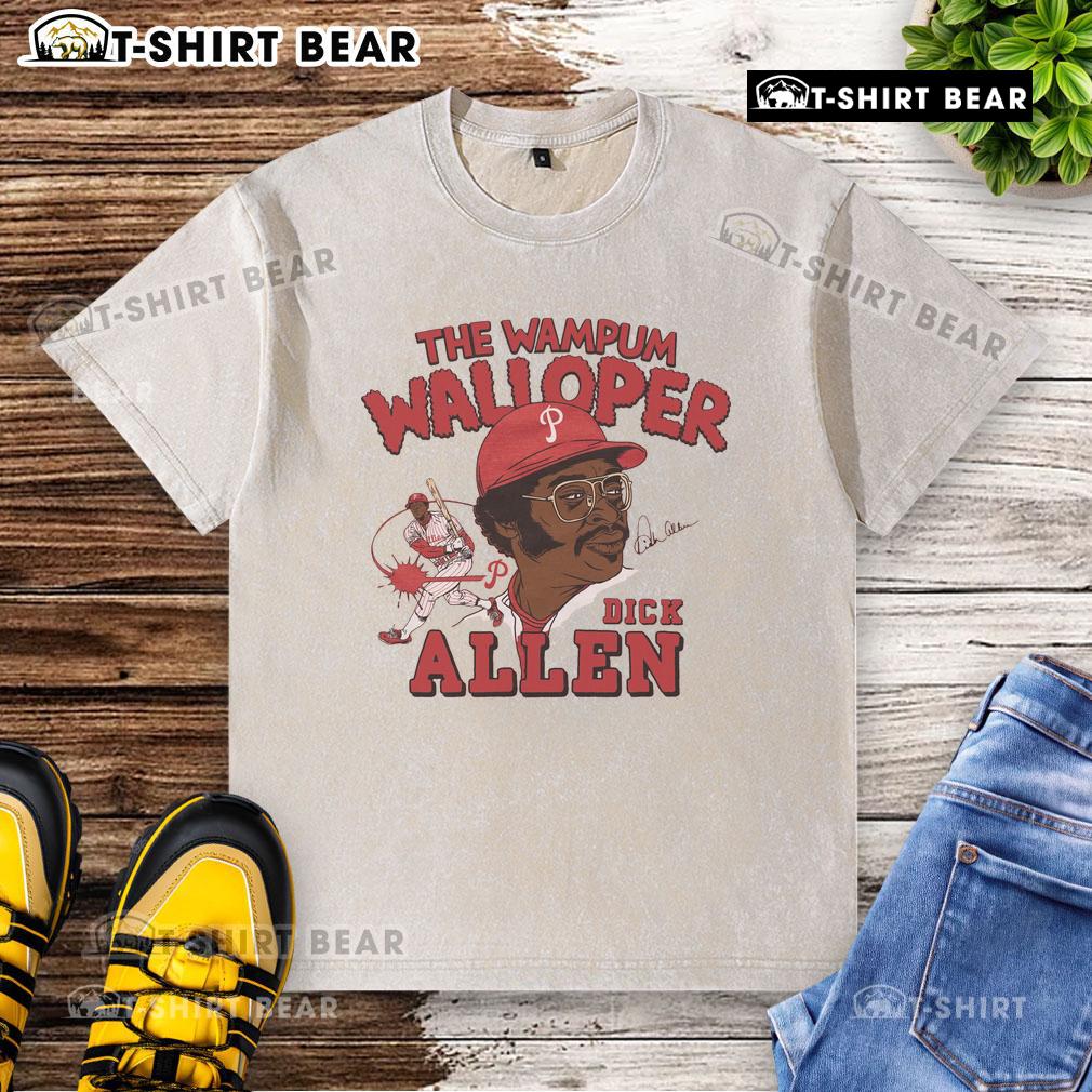 Official Phillies Dick Allen Signature Wampum Walloper Washed T-Shirt showcasing vintage design and team spirit.