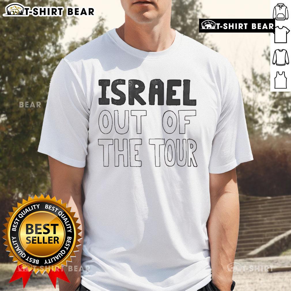 Alt Text: Official protester wearing an Israel Out of the Tour T-shirt at a rally, showcasing their stance on the issue.