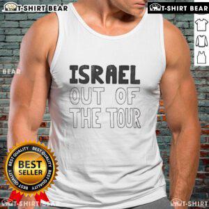 Official protester wearing 'Israel Out of the Tour' tank top at a rally advocating for social justice.