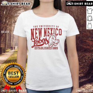 Official University of New Mexico Lobos 1889 ladies tee in red, showcasing team pride and women's sportswear fashion.
