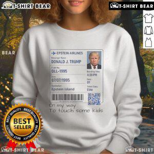 Official Trump Epstein Airlines sweatshirt featuring a humorous design about controversial themes and pop culture references.