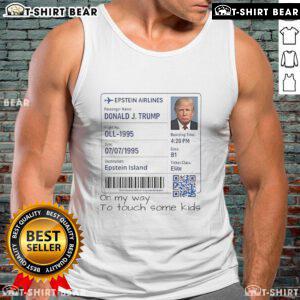 Official Trump Epstein Airlines tank top featuring controversial slogan, highlighting political satire and social commentary.