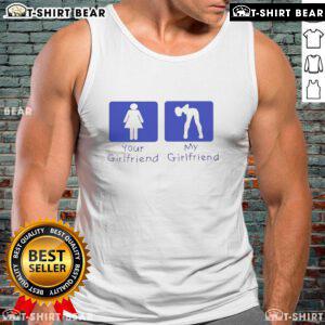 Official Your Girlfriend Vs My Girlfriend tank top design featuring playful graphics and vibrant colors for casual wear.