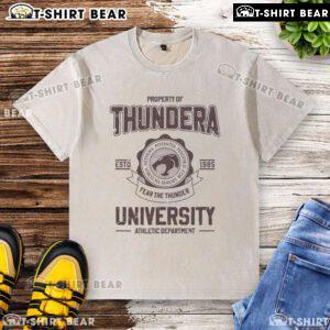 Original Property of Thundera University Athletic Department Estd 1985 washed t-shirt in navy blue, casual style.