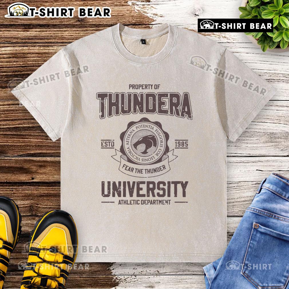 Original Property of Thundera University Athletic Department Estd 1985 washed t-shirt in navy blue, casual style.