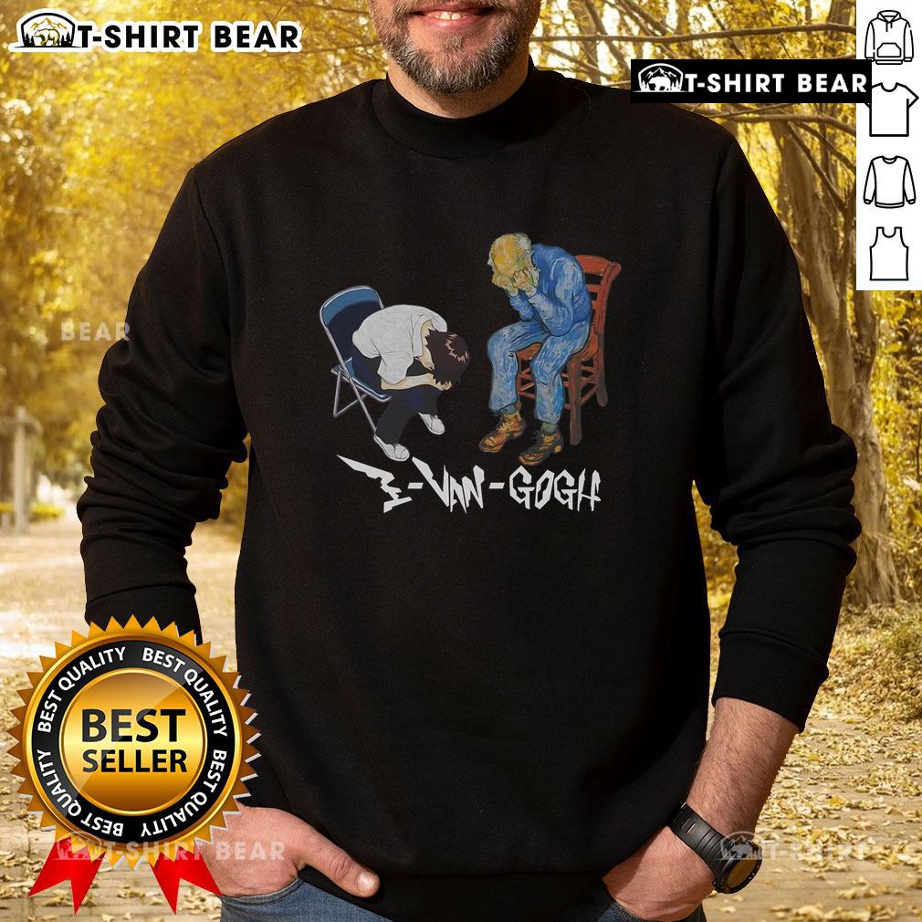 Premium Evangogh and Shinji in a chair meme sweatshirt design featuring vibrant colors and humorous graphics.