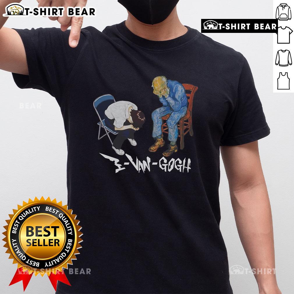 Alt Text: Premium Evangogh and Shinji meme t-shirt featuring a humorous design of characters sitting in a chair.