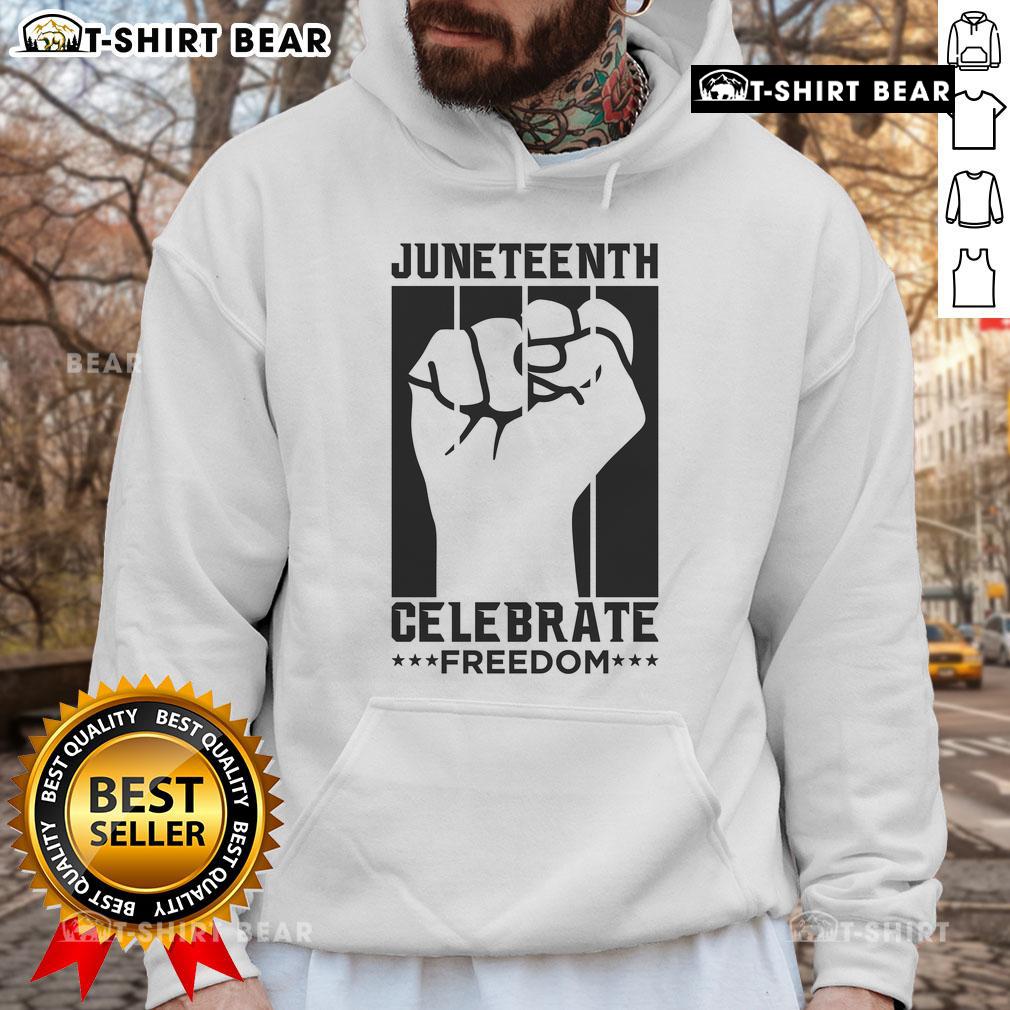 Premium Juneteenth Celebrate Freedom Fist Hoodie showcasing a vibrant design symbolizing empowerment and cultural pride.