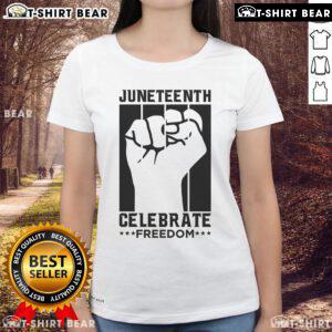 Premium Juneteenth Celebrate Freedom Fist Ladies Tee featuring a bold fist graphic and vibrant colors for festive celebrations.