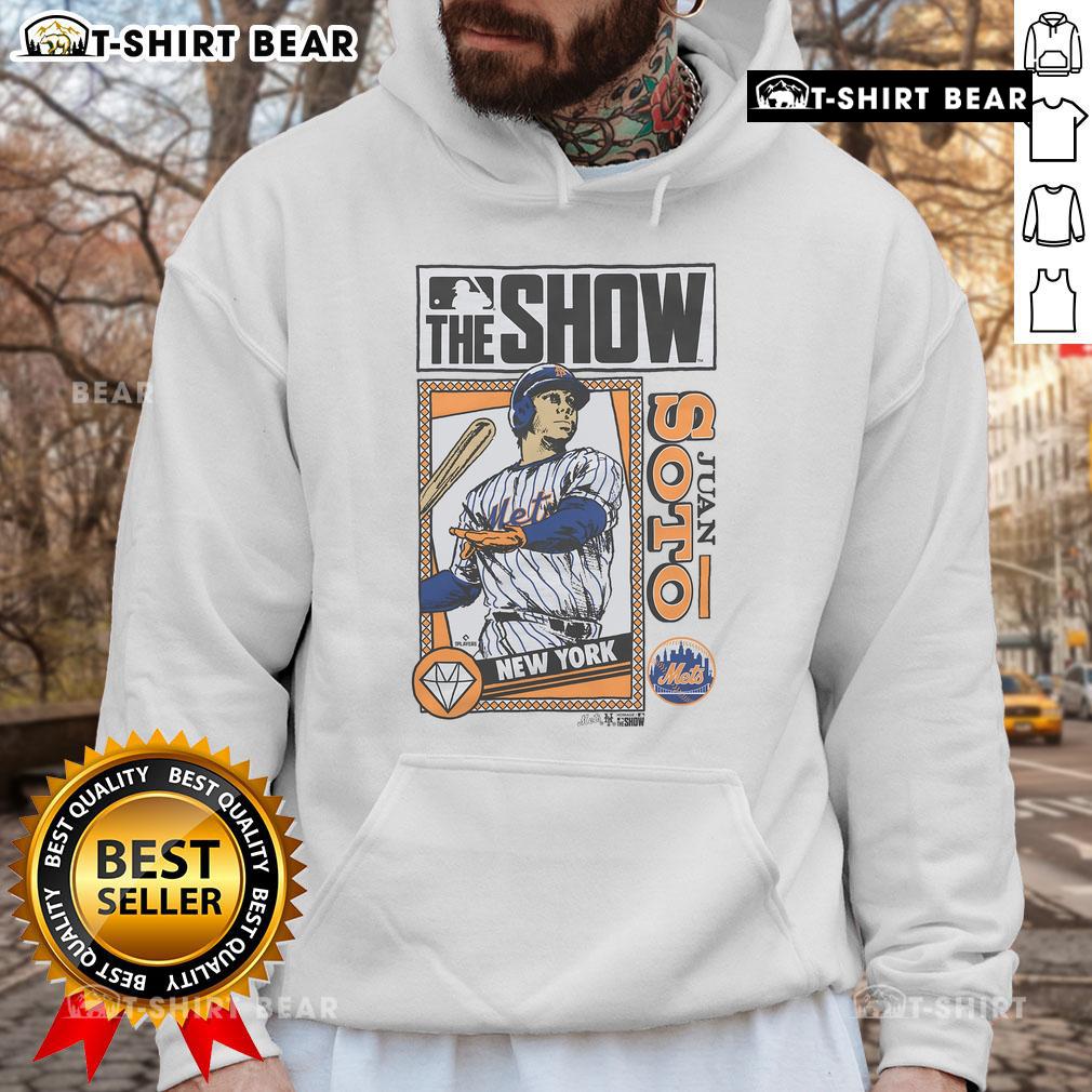 Premium MLB The Show Mets Juan Soto Hoodie showcasing stylish design and team colors for baseball fans.