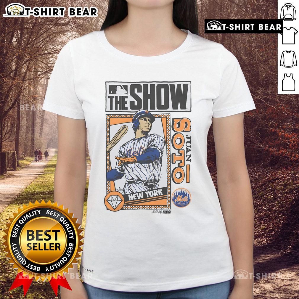 Premium MLB The Show Mets Juan Soto Ladies Tee featuring vibrant graphics and a stylish fit for female fans.