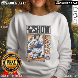 Premium MLB The Show Mets Juan Soto sweatshirt featuring vibrant team colors and stylish design for fans.