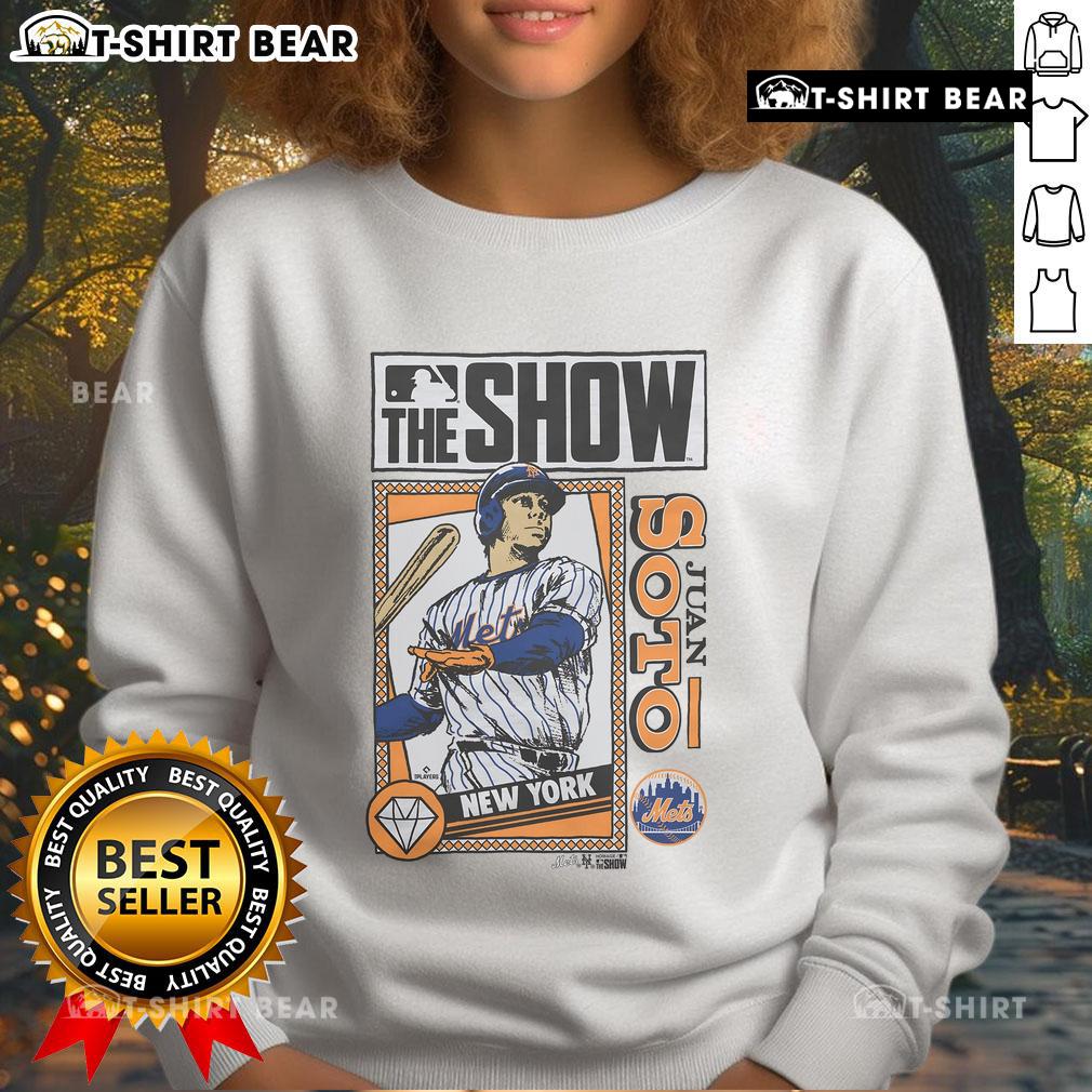 Premium MLB The Show Mets Juan Soto sweatshirt featuring vibrant team colors and stylish design for fans.