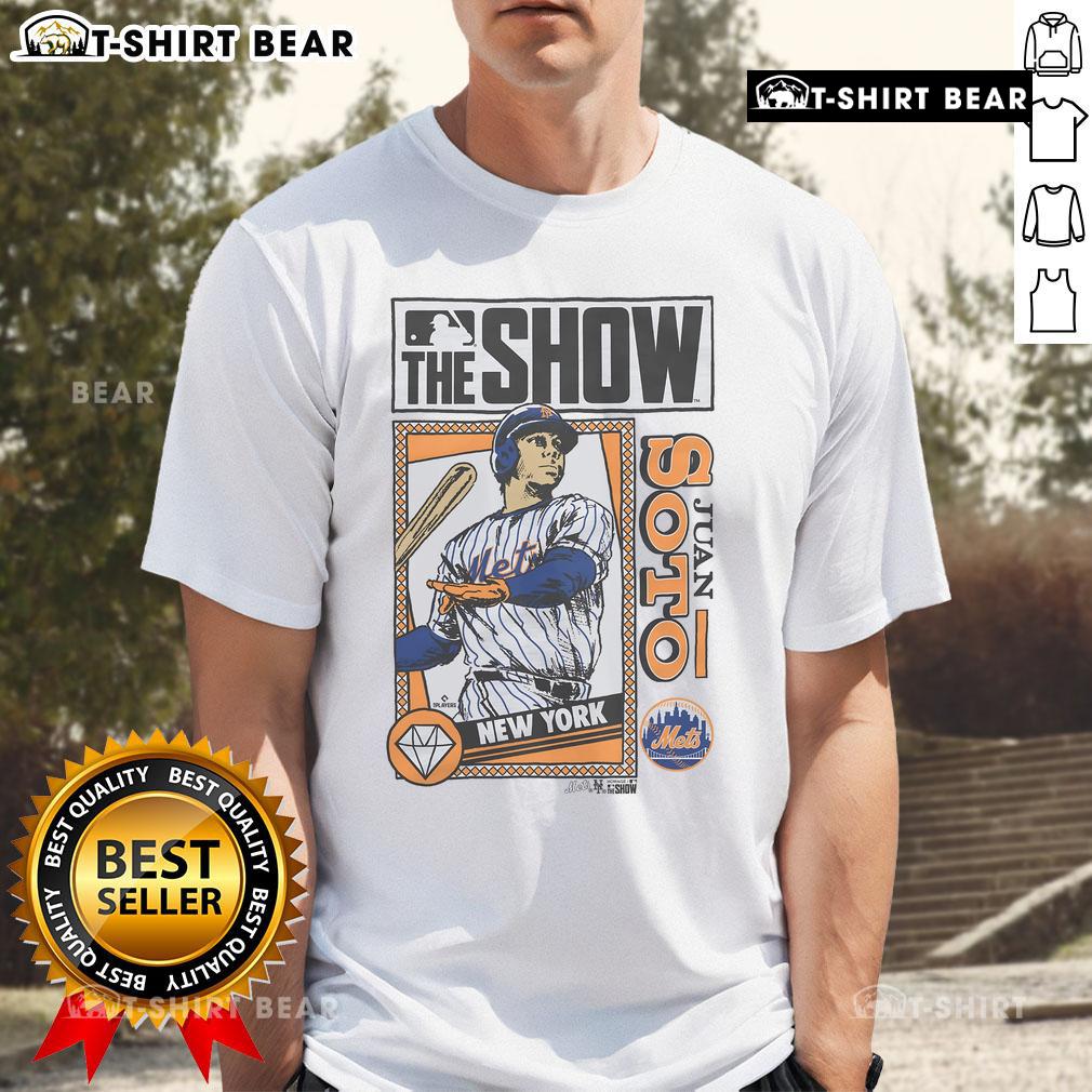 Premium MLB The Show Mets Juan Soto T-Shirt featuring vibrant graphics, perfect for baseball fans and collectors.