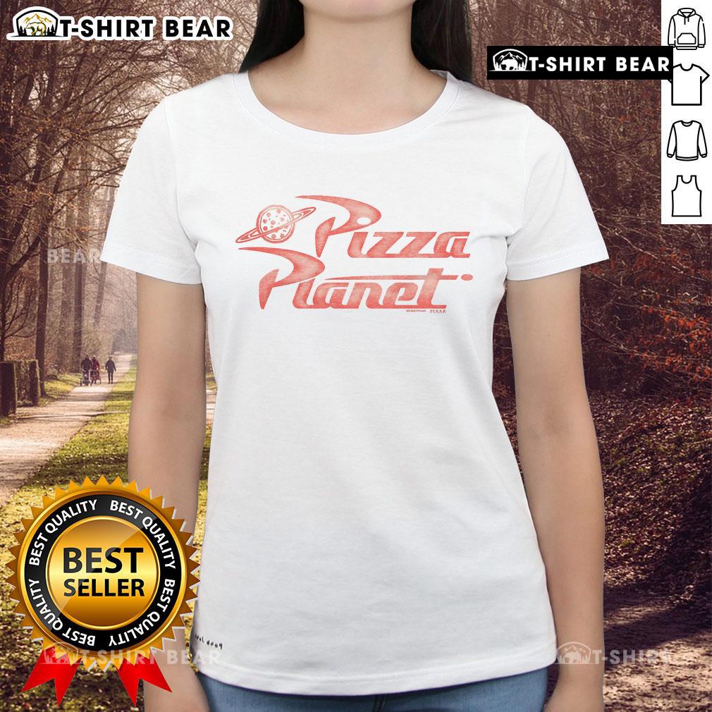 Premium Toy Story Pizza Planet ladies tee featuring vibrant graphics and a comfortable fit for fans of the classic movie.