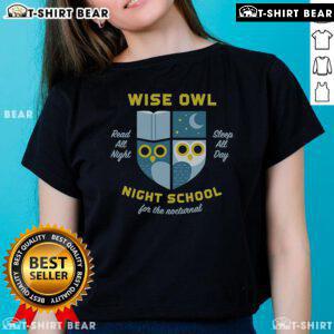 Premium Wise Owl Night School Ladies Tee featuring a whimsical owl design, perfect for casual wear and owl lovers.