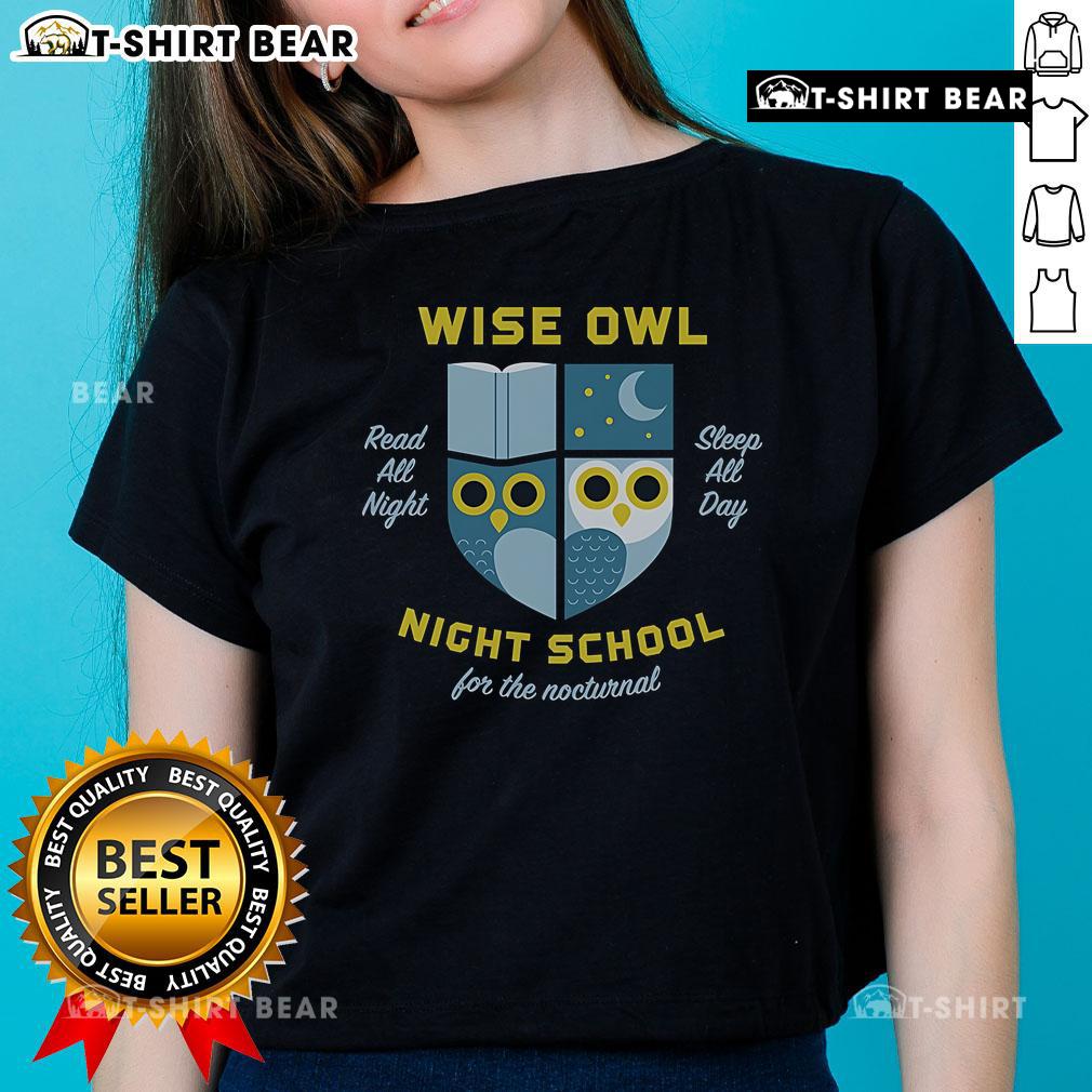 Premium Wise Owl Night School Ladies Tee featuring a whimsical owl design, perfect for casual wear and owl lovers.