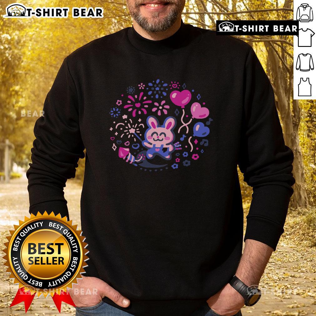 Alt Text: Cute sweatshirt featuring a pretty bunny and fireworks, perfect for animal lovers and festive occasions.