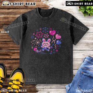 Alt Text: Cute washed t-shirt featuring a pretty bunny design with fireworks, perfect for animal lovers and casual wear enthusiasts.