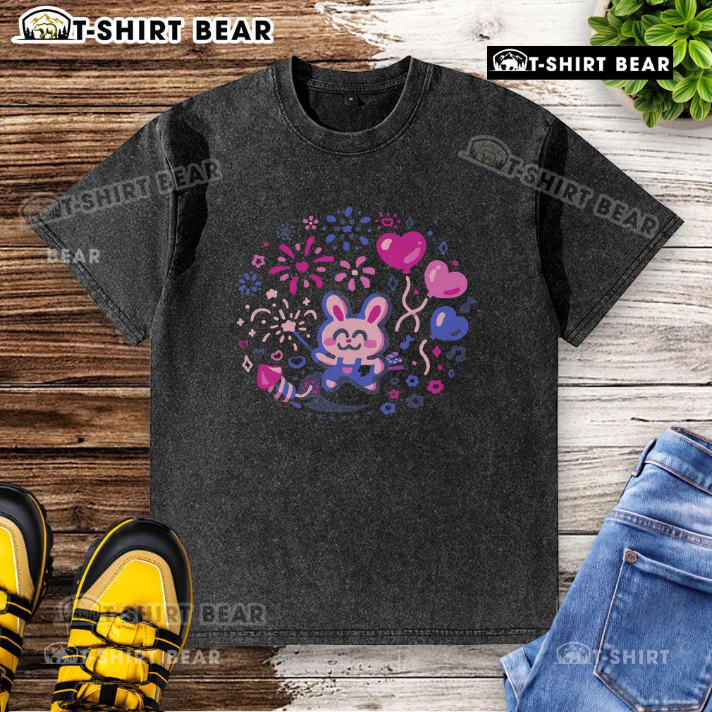 Alt Text: Cute washed t-shirt featuring a pretty bunny design with fireworks, perfect for animal lovers and casual wear enthusiasts.