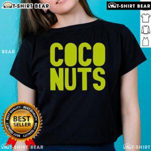 Pretty Coco Nuts Ladies Tee featuring colorful coconut graphics on a stylish women's shirt for summer fashion.