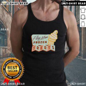 Person wearing a Pretty Flag Man Frozen Treats tank top, enjoying a colorful frozen treat on a sunny day.