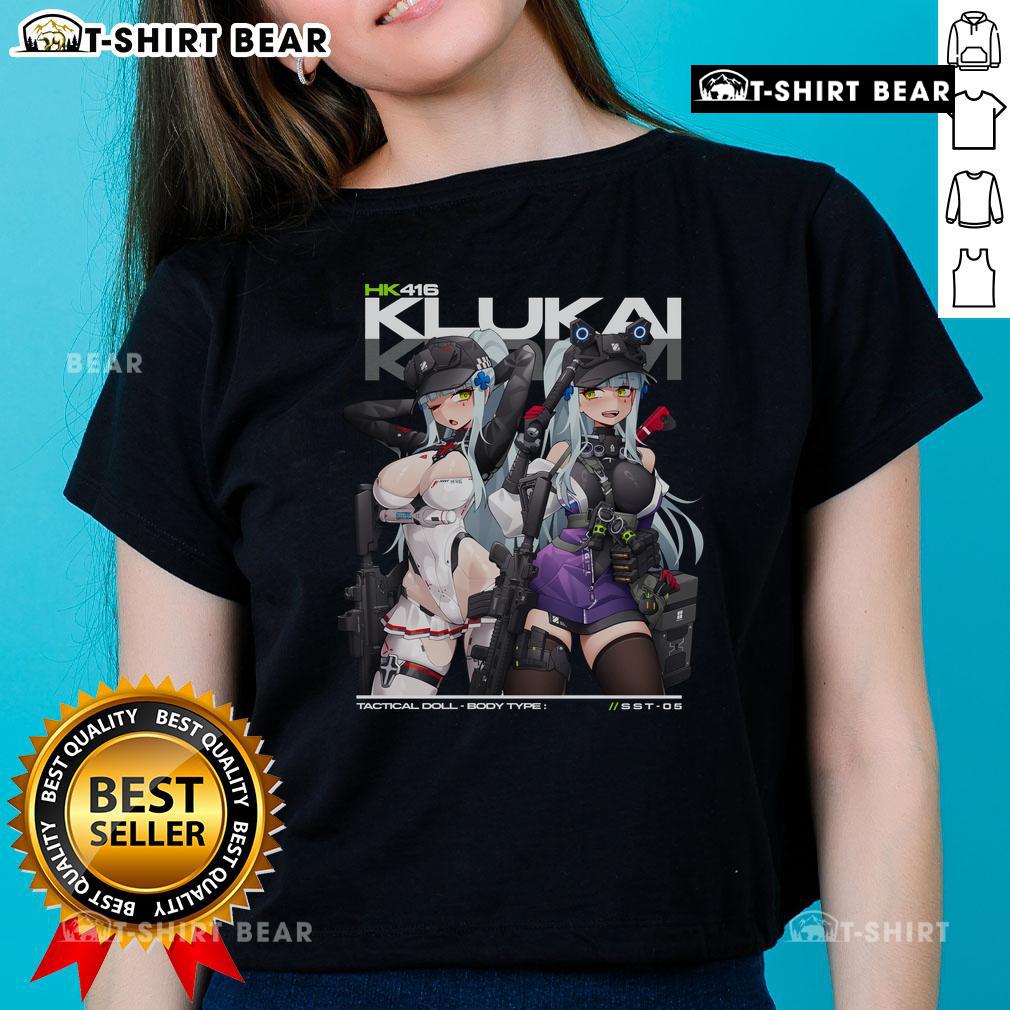 Alt Text: Pretty HK416 Klukai Girls Frontline 2 Exilium Ladies Tee featuring vibrant graphics and comfortable fit for fans.