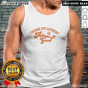 Model wearing a 'Pretty I Woke Up Lookin This Good' tank top, showcasing a casual and stylish look perfect for summer.