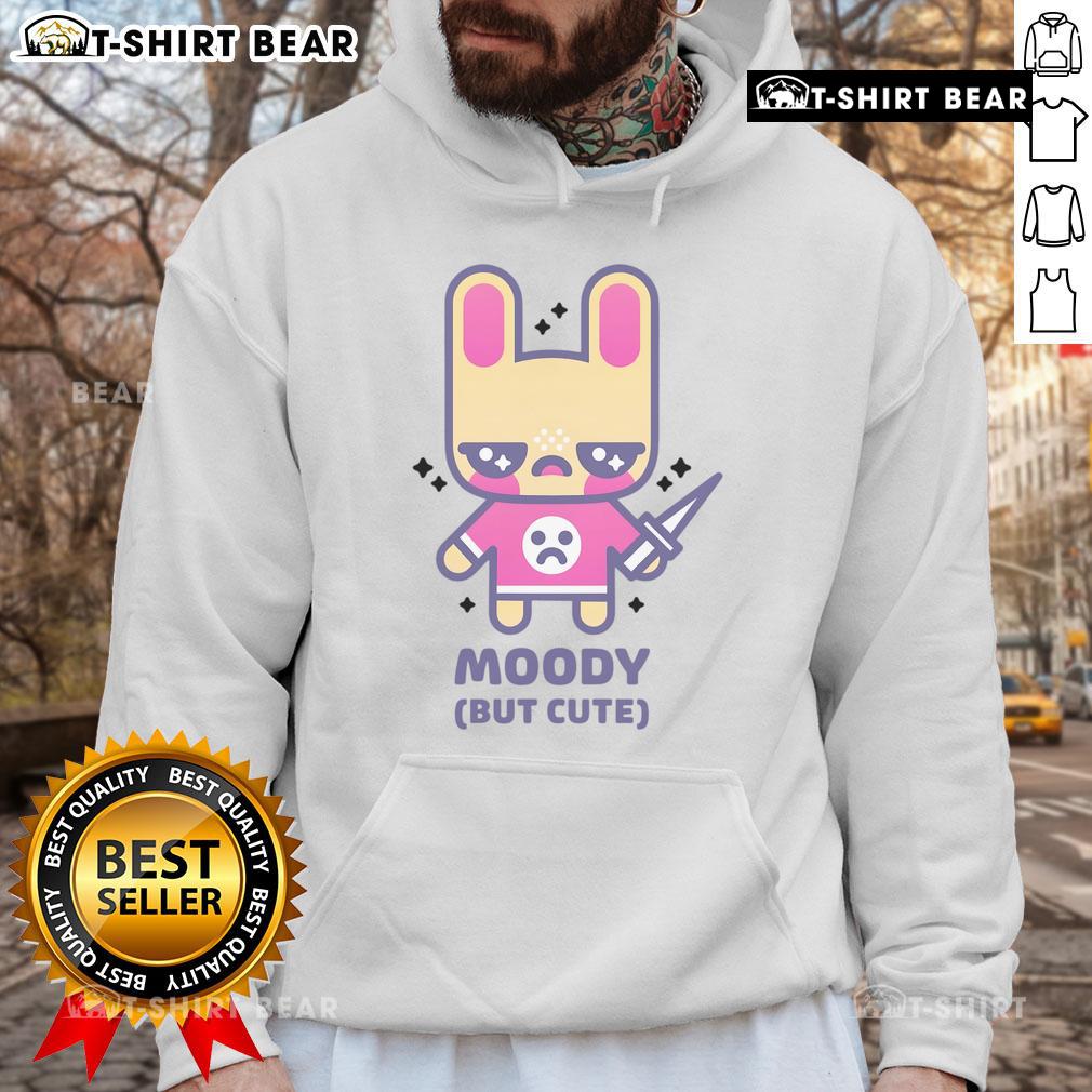 Pretty moody but cute kawaii bunny wearing a tiny knife hoodie, showcasing adorable and whimsical character design.