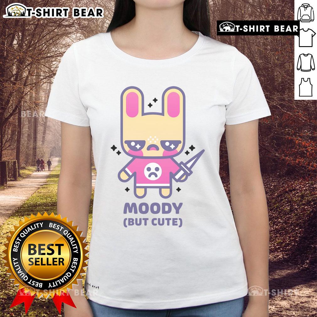 Kawaii bunny with a tiny knife on a cute ladies tee, featuring a pretty moody design for stylish animal lovers.