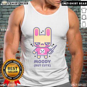 Kawaii bunny in a moody tank top holding a tiny knife, exuding cute yet edgy vibes, perfect for Kawaii fashion lovers.