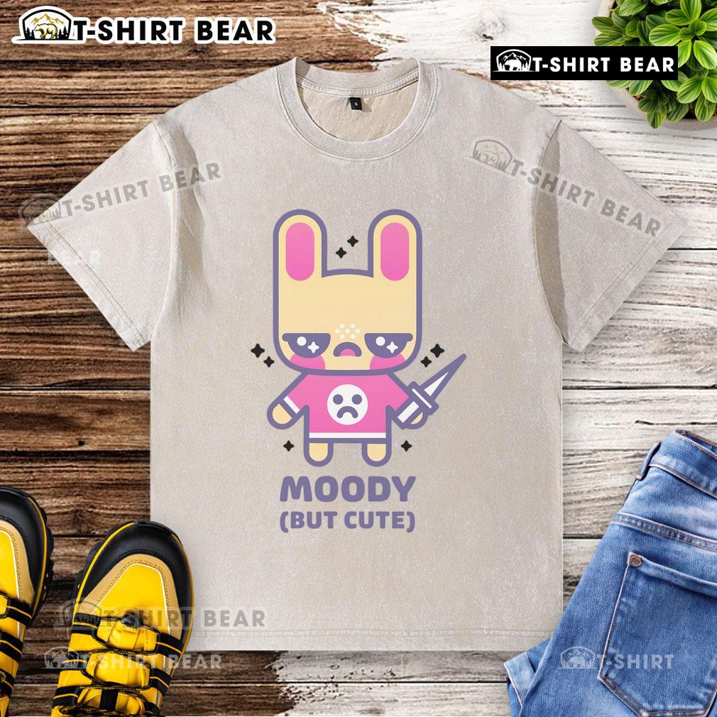 Alt Text: Cute kawaii bunny with a tiny knife on a moody washed t-shirt, perfect for adding charm to casual outfits.