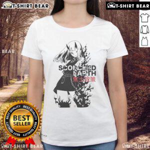 Pretty scorched earth anime ladies tee featuring vibrant artwork of dynamic female characters in a fiery landscape.