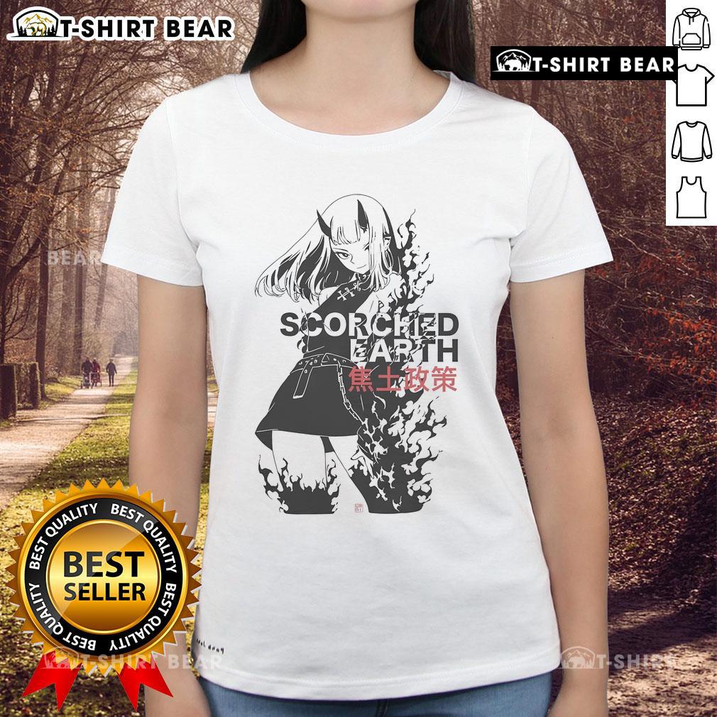 Pretty scorched earth anime ladies tee featuring vibrant artwork of dynamic female characters in a fiery landscape.