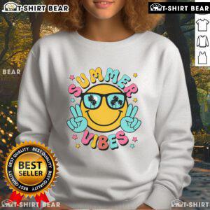Pretty summer vibes sweatshirt featuring a tropical sunset beach design, perfect for vacation attire.
