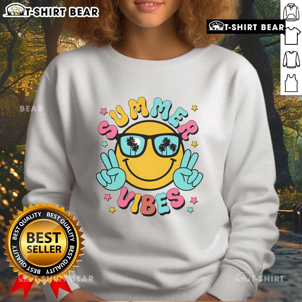 Pretty summer vibes sweatshirt featuring a tropical sunset beach design, perfect for vacation attire.