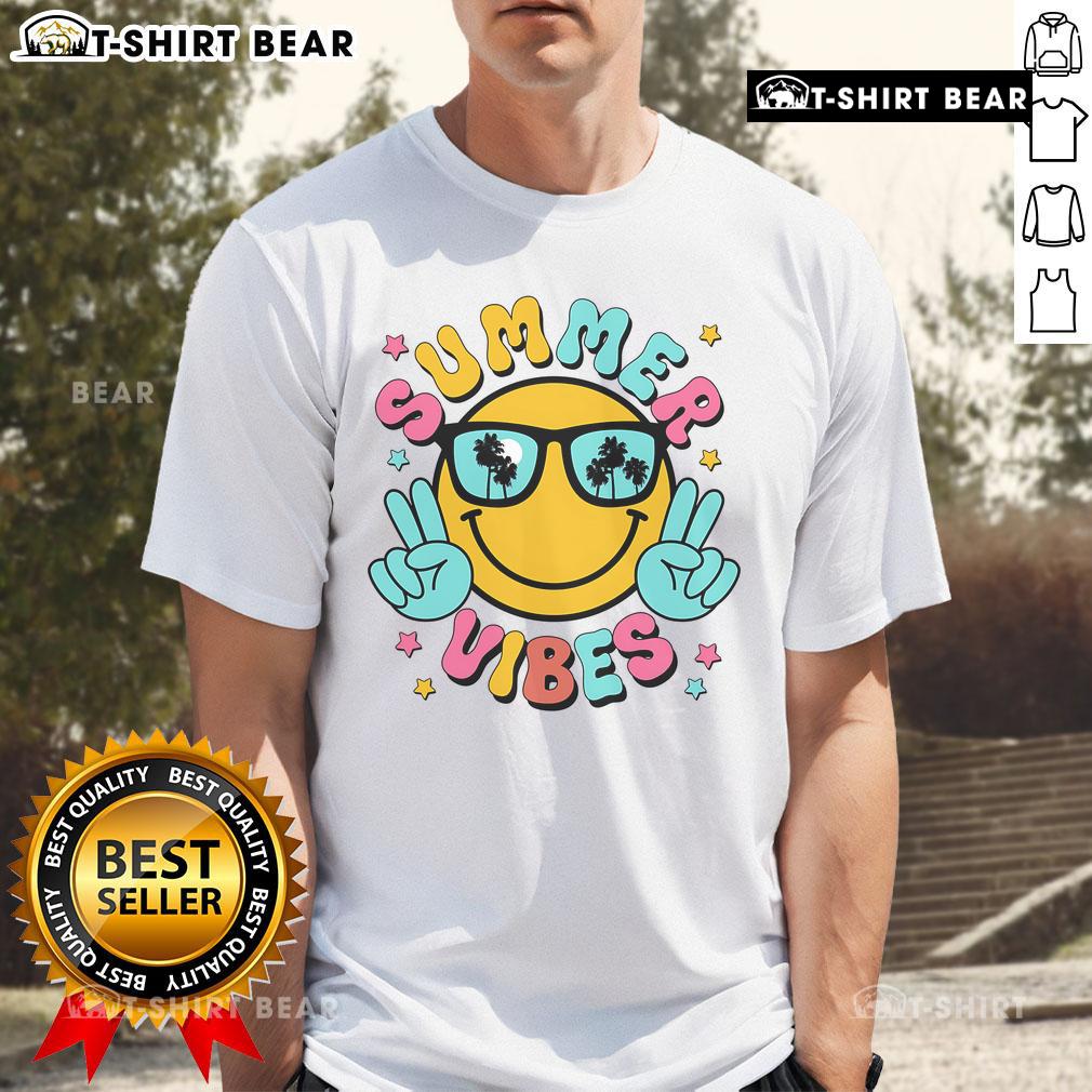 Pretty summer vibes tropical sunset beach vacation t-shirt featuring a vibrant sunset and palm trees for a perfect getaway.