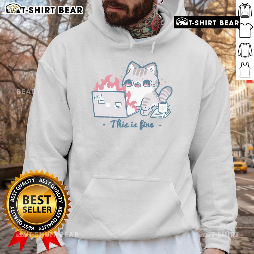 Adorable cat in a cozy hoodie with 'This Is Fine' text, perfect for cat lovers and trendy pet apparel.